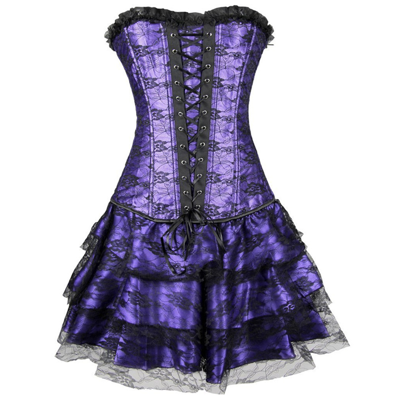 F3243-3 Purple Women Layered Lace Up Bone Corsets Floral Corset